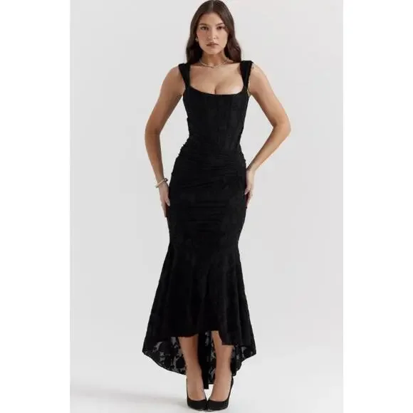 black short sleeve lace dress HATCH Collection The Elizabetta Lace Dress in Black